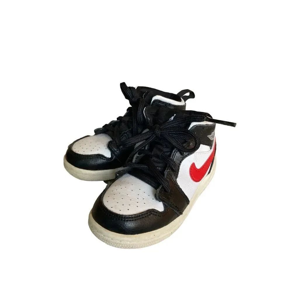 Nike Air Jordan 1 Mid Toddler 8C Black White Red Swoosh Sneakers